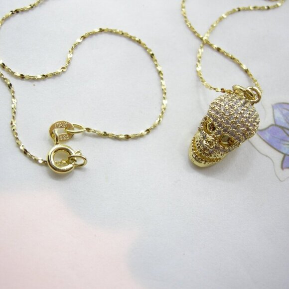 Dainty Micropavé Skull Necklace on Gold Chain - Picture 10 of 12